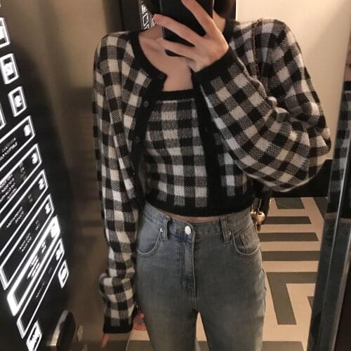 Casual Plaid Sweaters Two Piece Set Women Early Autumn Winter Fashion Long Sleeve Short Cardigan Knitted Chic Sling Female Tops