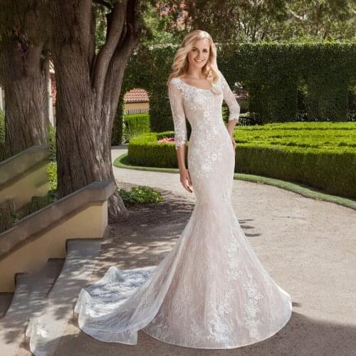 V-neck Lace Mermaid 3/4 Sleeves Champagne Applique Wedding Dress Illusion Back Sexy Bridal Dress vestidos de casamento