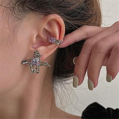 SRCOI Silver Color Purple Zircon Butterfly Cuff Ear Square Cube Geometric Clip Earrings Without Piercing For Women Party Jewelry