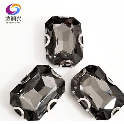 Gray Rectangle octagonal shape Glass Crystal sew on Anti hook D shape claw rhinestones with hole,Diy Clothing accessories SWCD03