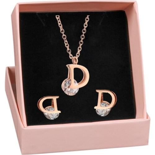 Titanium Steel Zircon Necklace, Rose Gold English Alphabet Earrings Necklace Set, Large Crystal Stainless Steel Jewelry Set
