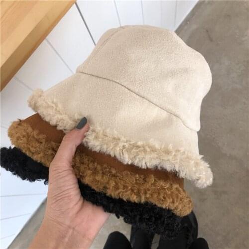Womens Fur Bucket Hat Womens Suede Style Back Boa Small Face Effect Actress Hat Fashionable Folding Cold Protection