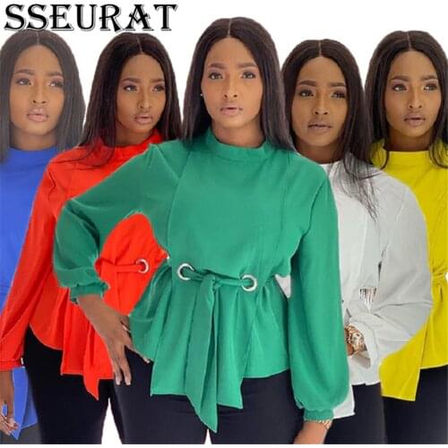 SSEURAT Women Blouses Solid Long Sleeves with Waist Belt O-Neck Large Size Womens Fashion Female Clothes