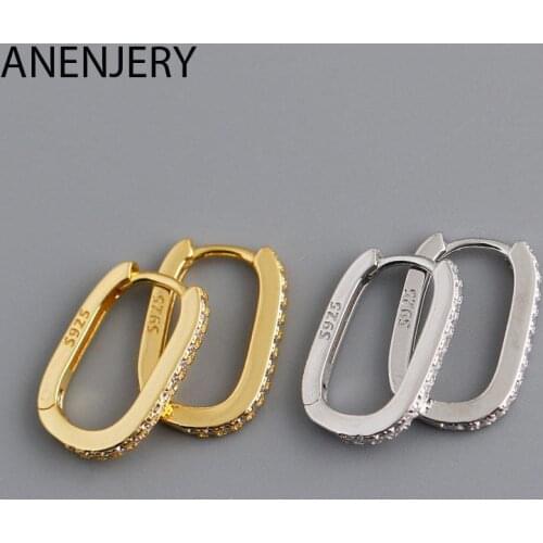 ANENJERY 925 Sterling Silver U Shape Hoop Earrings For Men Women Micro-Inlaid Zircon Simple Circle Earrings Personalized Jewelry