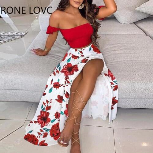 Women Sets Clothes Off Shoulder Ruffles Top & Print High Slit Skirt Set Women Sets 2 Piece Set