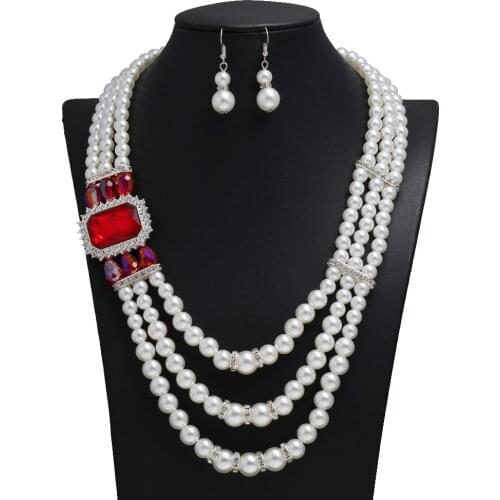 2021 New European Clavicle Crystal Necklaces Pearl Jewelry Sets Fashion White Pearls Multi Layer Necklace for Women Earrings Set