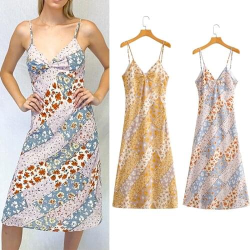Womens Strap Bow Tie Sweet Dress Za Fashion 2021 Floral Print Vintage Sleeveless Dress Female V Neck Summer Dress Sexy Vestidos