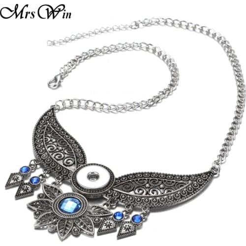 Mrs Win Snap Jewelry Buttons Necklace Angel Wings Pendant Necklaces Women Choker Antique Silver color Plated Snap Necklace