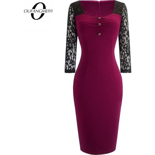 Retro Women Button See through Floral Lace Office Dress Elegant Patchwork Slim Sexy Dress EB486