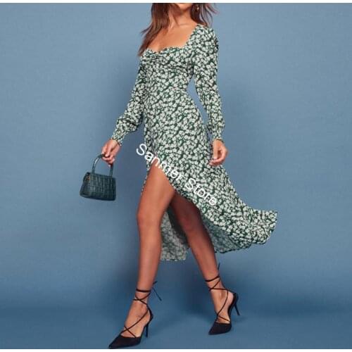 Women Green Flower Dress Long Sleeve New Summer Autumn 2020 Long Style Retro Elegant Long Robes