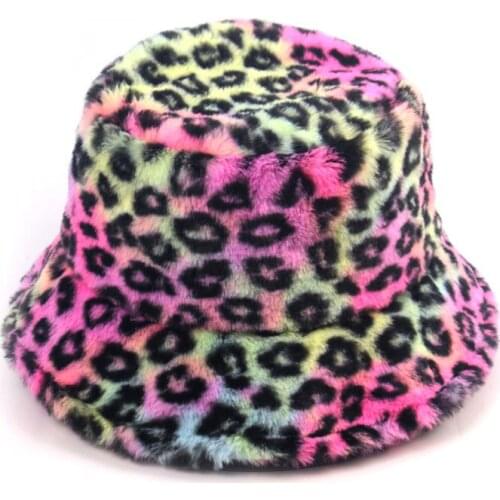 Tie Dye Lamb Wool Leopard Winter Bucket Hat Women Fishing Hat Top Flat Hunting Cap Men Girls Foldable Fishermen Hat SWANOWING