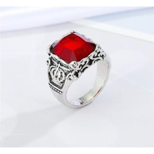 1PC Vintage Metal Carving Crown Square Stone Ring For Men Women Gothic Big Red Zircon Open Finger Ring Male Jewelry R307
