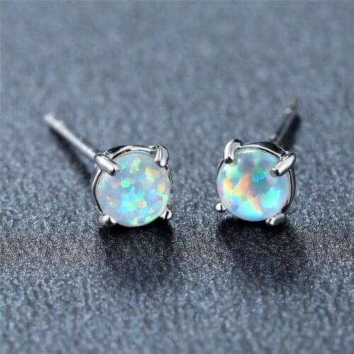 4mm Round Small Stone Earrings White Fire Opal Stud Earrings Fashion Silver Color Wedding Earrings For Women Minimalist Jewelry