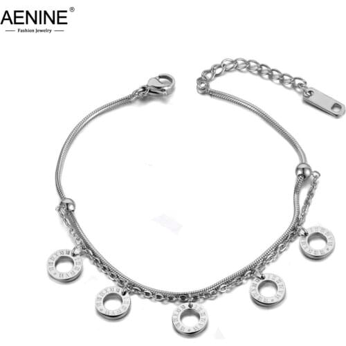 AENINE Trendy Bohemia 5Pcs Roman Numeral Charm Bracelet Bangle For Women Stainless Steel Link Chain Summer Beach Jewelry AB19123
