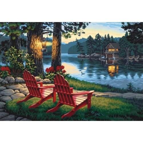 5D DIY Diamond Painting, Embroidery Painting Wall Sticker for Wall Decor, Full Drill, Two Chairs Beside the Lake
