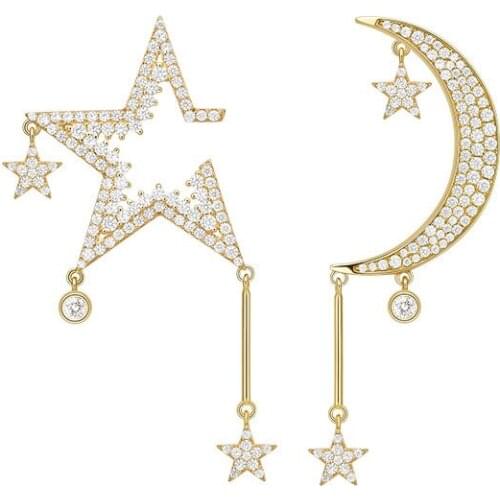 Fashion Pure 925 Sterling Silver Jewelry Yellow Gold Color Asymmetric Stars and Moon AB Earrings Pave Zirconia for Women