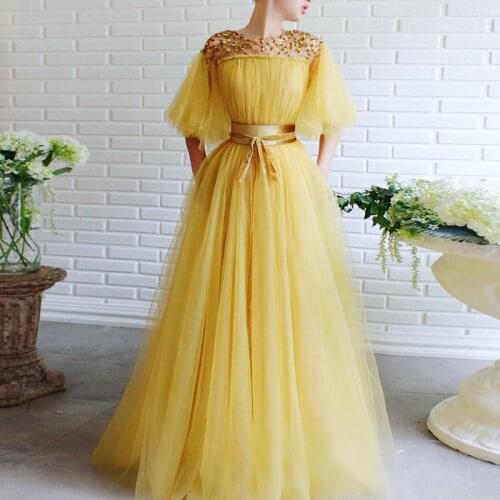 Shining Yellow Half Flared Sleeve Evening Dresses A Line Beaded Long Prom Dresses Pleated Tulle Formal Party Gowns with Sashes