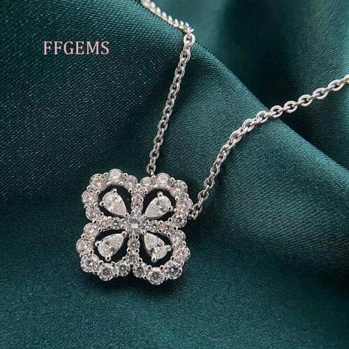 FFGems luckly four leaf clover Sterling Silver 925 necklace pendant Created moissanite gemstone For Women Gift Fine Jewelry box