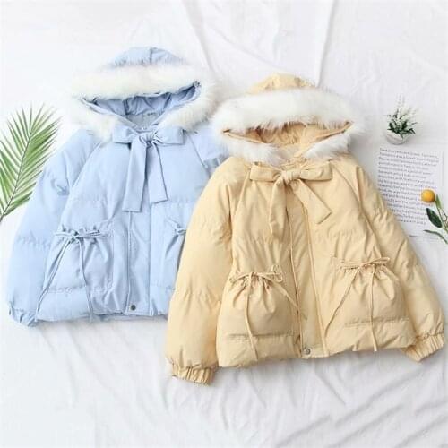 Kawaii Fashion Cotton Padded Jacket Women Cute Vintage Thick Warm Fur Collar Hooded Coat Casual Winter Black Parka Outerwear