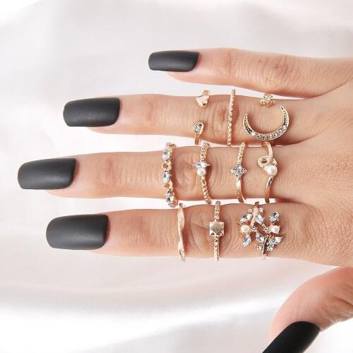 New creative fashion ring inlaid zircon moon leaf set charm ring 10 piece set ring ladies feature finger ring jewelry wedding