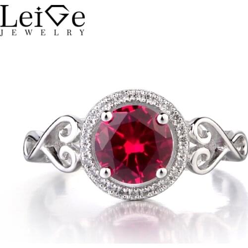 Leige Jewelry 925 Sterling Silver Lab Ruby Ring Round Cut Red Gemstone July Birthstone Promise Engagement Rings for Women
