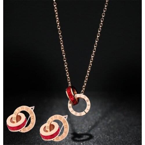 316L Stainless Steel Black Red Crystal High Sense Roman Numeral Necklace Earring Set Temperament Wedding Jewelry Set