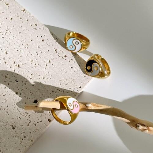 Monlansher Stainless Steel Geometric Yin Yang Ring Gold Color Metal Colorful Enamel Ring Statement Religious Rings Jewelry 2021