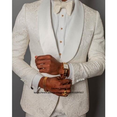 Mens Suits Fashion White Jacquard 3 Piece Sets Casual Wedding Groom Tuxedo Classic Formal Business Blazer Ternos (Jacket+Pants)