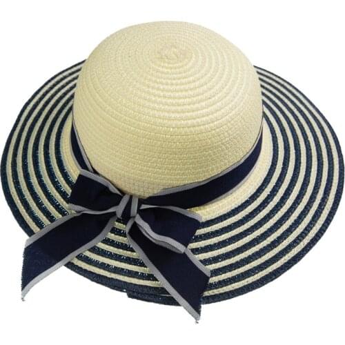 Parent-Child Mother Daughter Summer Straw Sun Hat Wavy Wide Brim UV Protection Sweet Ribbon Bowknot Travel Beach Panama Cap H9ED