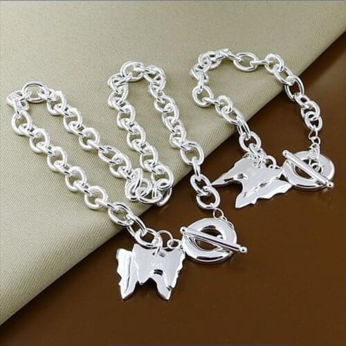 New Style 925 Sterling Silver Double Butterfly Bracelet Necklace 18 Inches Chinese For Button Necklace 8 Inches Bracelet Set For