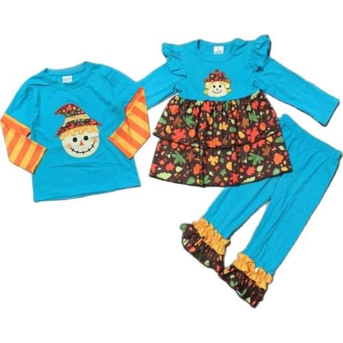 Girlymax Fall Autumn Scarecrow Baby Girls Boys Long Sleeve Top Raglan Floral Pants Set Boutique Cotton T-shirts Kids Clothing