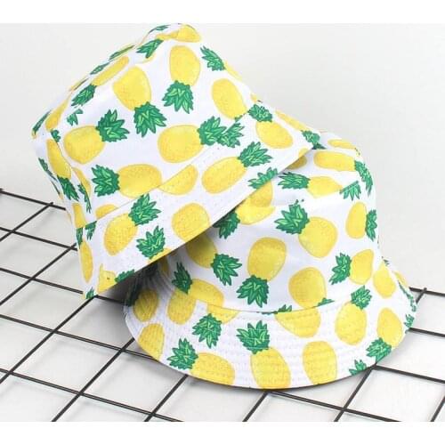 Cotton Pineapple Print Bucket Hat Fisherman Hat Outdoor Travel Hat Foldable Sun Cap Hats for Men and Women 558