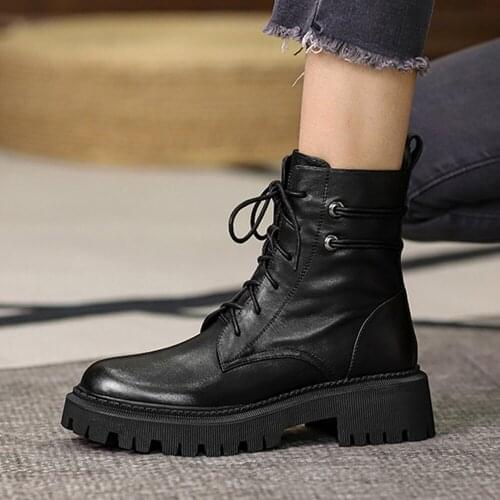 Internet popular leisure lace up cow genuine leather round toe 5.5cm high heel keep warm women side zipper boots DSHL10 MUYISEXI