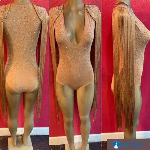 Sexy V-neck Stage Jumpsuit Rhinestones fringed shoulder Bodysuit Nightclub Party Show Dancer Costumes Female Singer Outfit DJ DS