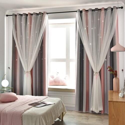 Custom Made Gradient Stripe Double Layer Blackout Star Hollow Curtains with Lace Tulle Fabric for Home Living Room window Decor