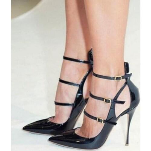 Carpaton Black Patent Leather High Heel Shoes Woman Sexy Pointed Toe Buckle Strap Thin Heels Sandal Summer Party Dress Shoes