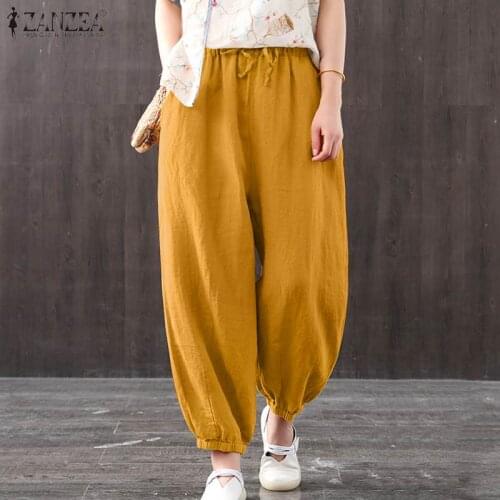 Vintage Cotton Linen Pants Women ZANZEA 2021 Summer Wide Leg Bottoms Casual Lady Solid Drawstring Loose Capris Palazzo Pantalon