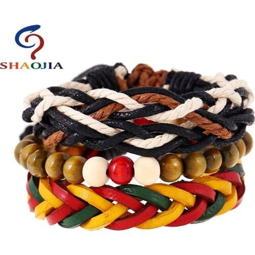Jamaica Reggae Red Yellow Green Knit Leather Bracelet Buddha Bracelets For Women and Men Jewelry Wooden Bead Bracelets & Bangles