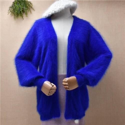 Ladies women fashion blue hairy mink cashmere knitted long lantern sleeves loose cardigan mantle angora fur jacket coat sweater
