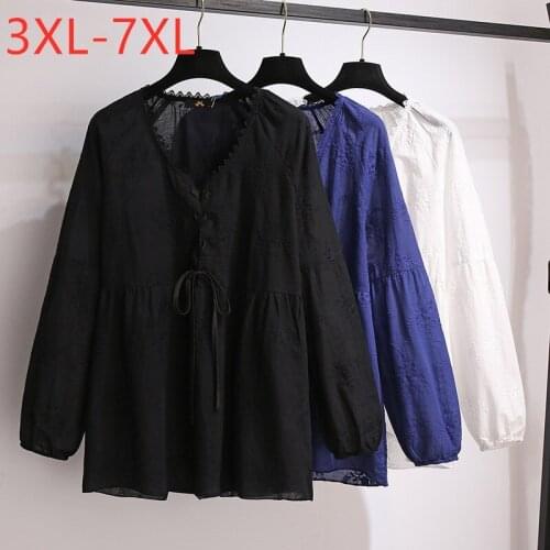 New 2021 Spring Autumn Plus Size Tops For Women Large Blouse Long sleeve Blue Cotton Embroidery V-neck Shirt 7XL
