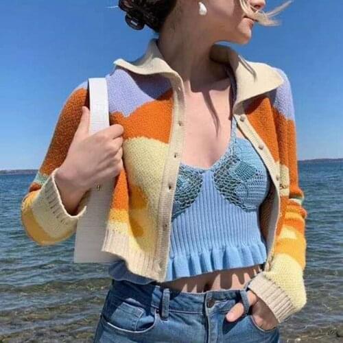 Womens Button Cardigan Long Sleeve Letter Embroidered Color Block Knitted Lapel Top 2021 Fall New Casual Fashion College Style