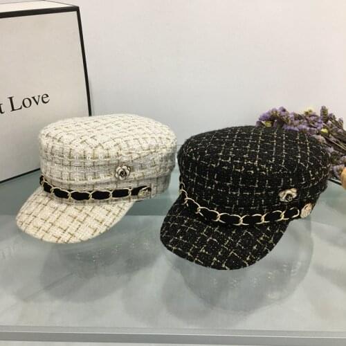Sweet style tweed chain navy cap beret lady web celebrity socialite flowers ins womens visor