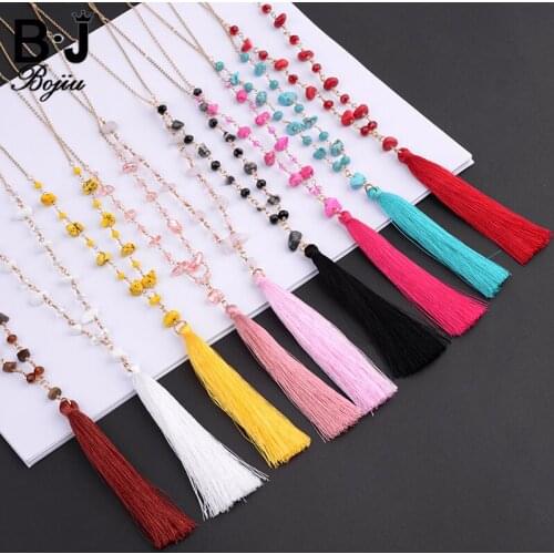 BOJIU New Fashion Necklaces Pendants Natural Stone Colorful Fringe Tassel Cable Chain Women Long Pendant Necklace NKS101