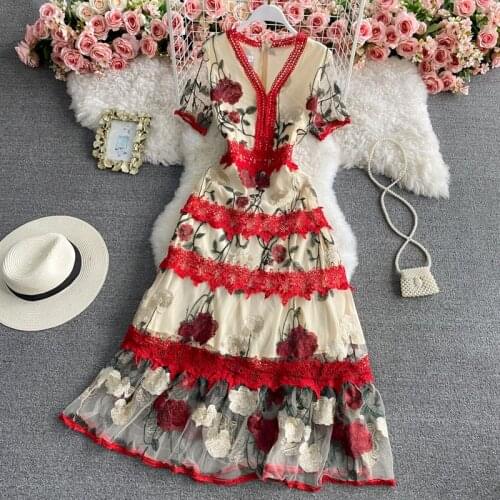 Womens spring summer runway fashion flower embroidery mesh dress female sexy short sleeve chic travel beach mesh dress TB1469