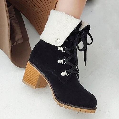 Flock Plush Cuff Winter Warm Snow Boots Wood Grain Thick Heel Plush Inner Metal Rivet Lace Up Ankle Boots Plus Size Women’S Boot