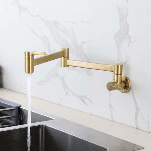 Golden Kitchen Sink Faucet Wall Mounted, Folding Sink Faucet with Dual Handle for Kitchen Rotatable Spout Sink Mixer Tap Brass