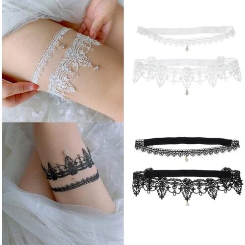 2pcs Wedding Bridal Garter Set Stretch Lace with Silver Rhinestone Clear Crystal
