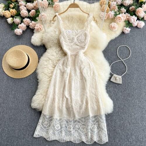 2021 Sweet Lace Dress Women Summer New Style Breast Slim Mid-length Gentle Wind Sling Skirt Women