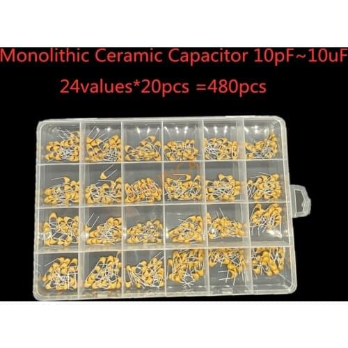 24values*20pcs =480pcs Monolithic Ceramic Capacitor 10pF~10uF,ceramic capacitor Assorted Kit + BOX