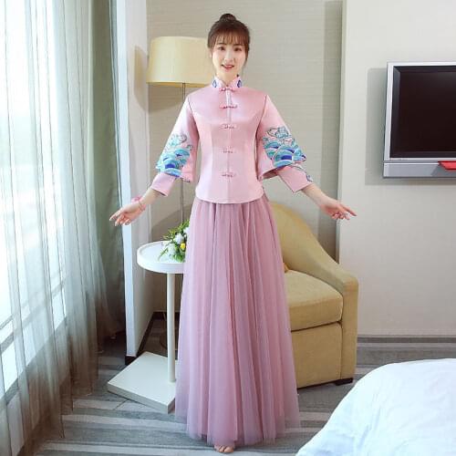 Satin Pink Cheongsam Gown Long Sleeve Chinese Dress Elegant Princess Clothes Bridesmaid Dresses Traditional Embroidery Qipao